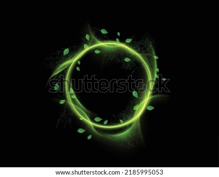 Shiny magic circle frame with glowing leaves and flying dust particles on black background. Vector eps10