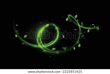 Green shiny line spiral spring wind effect with flyingmagic dust particles and leaves particles on black background. Concept of freshness, growth, spring, summer and ecology. Vector eps10.