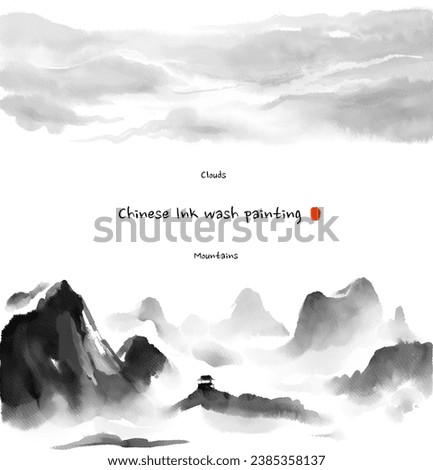 Hand-drawn of clouds, fog, and mountains ink-wash painting. The Chinese ink-wash painting style. Vector EPS