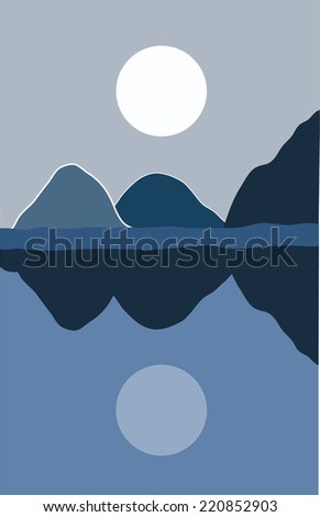 Moon, mountains and river landscape at night
