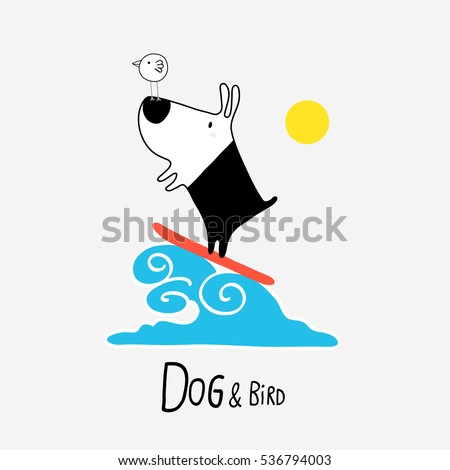 Dog & Bird surfing, vector illustration