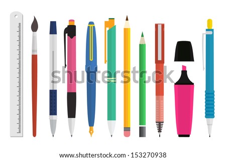 Paint and writing tools collection - Pen, pencil, marker, brush, ruler - Flat Style Vector Set