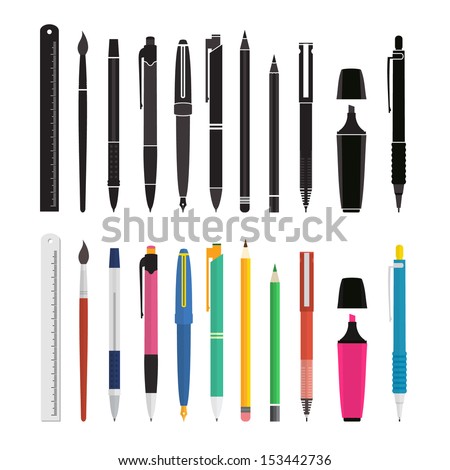 Paint and writing tools collection - Pen, pencil, marker, brush, ruler - Flat Style Vector Set -colored end black white set