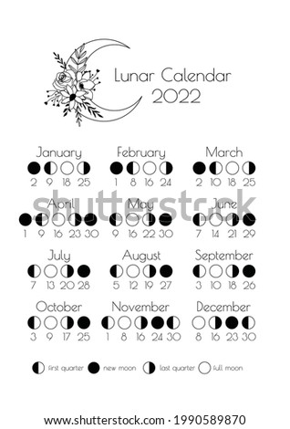 Moon Calendar 2022, Moon Phases 2022 Vector Illustration