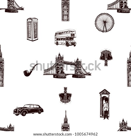 Seamless pattern of hand drawn sketch style England themed objects. Vector illustration isolated on white background.