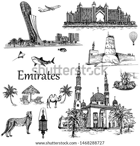 Set of hand drawn sketch style United Arabian Emirates related objects isolated on white background. Vector illustration.