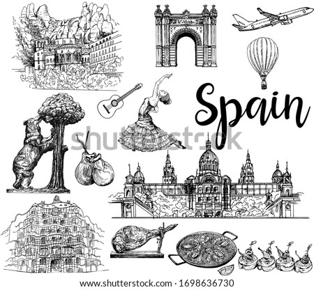 Poster / card / composition of colorful hand drawn sketch style Spain related objects isolated on white background. Vector illustration.