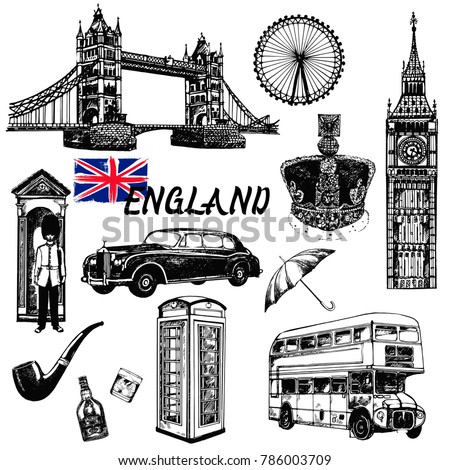 Set of hand drawn sketch style England themed objects. Vector illustration isolated on white background.