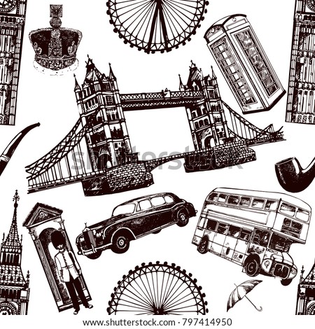 Seamless pattern of hand drawn sketch style England themed objects. Vector illustration isolated on white background.