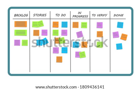 Scrum task board or kanban board. Visualizing the workflow with various stages of work process and colorful cards with tasks. Management teamwork concept. Vector illustration