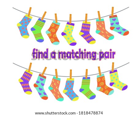 Find a pair of matching socks. Children education logic game. Vector illustration in flat cartoon style