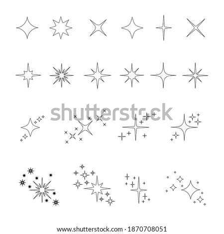 Set of outline stars sparkles and twinkles icons isolated on white background. Bright flash, shiny glow, fireworks symbols collection. Star light particles. Vector illustration.