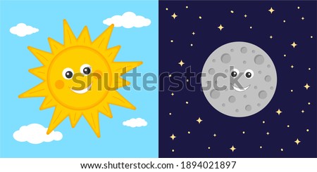 Day and night concept. Cute sun and moon characters. Sun on blue cloudy sky and moon on dark starry space background. Astronomy for kids. Vector cartoon illustration.