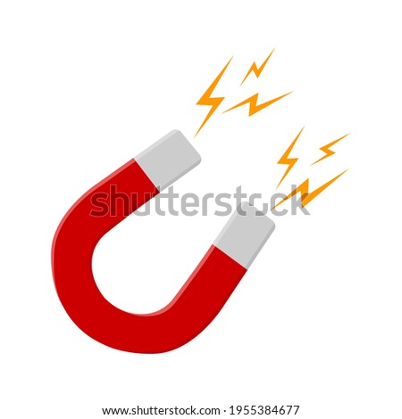 Red horseshoe magnet with lightning flash isolated on white background. Symbol of magnetic power, attraction, influence. Vector flat illustration.