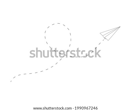 Flying paper plane with path dashed line. Origami airplane linear icon. Delivery, communication, travel sign. Vector illustration.