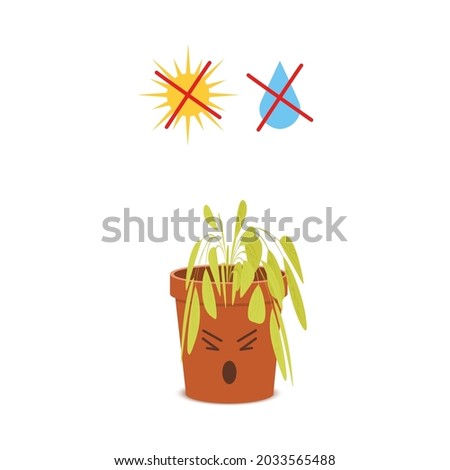 Sad potted plant character with crossed out water drop and sun symbols. Wilted housplant without necessary care isolated on white background. Vector cartoon illustration in childish style.