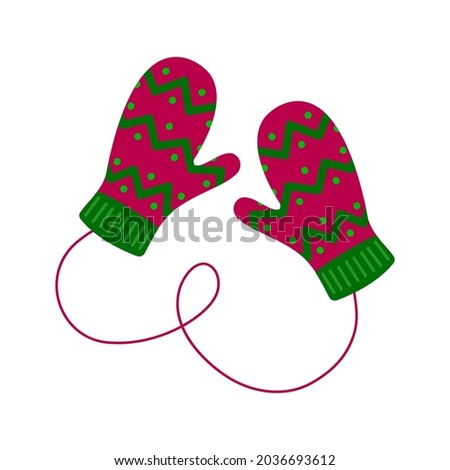 Pair of woolen knitted mittens with zigzag pattern. Cozy winter gloves isolated on the white background. Vector flat illustration.