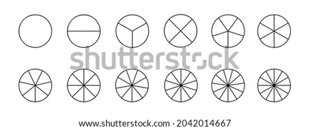 Circles divided in segments from 1 to 12 isolated on white background. Pie or pizza round shapes cut in equal slices in outline style. Simple business chart examples. Vector linear illustration.