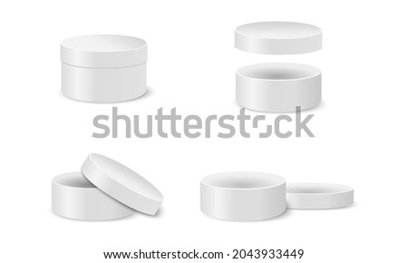 Round cardboard boxes for gifts, hats, sweets, cookies. Closed and open silver cylinder packages isolated on white background. Vector realistic illustration.