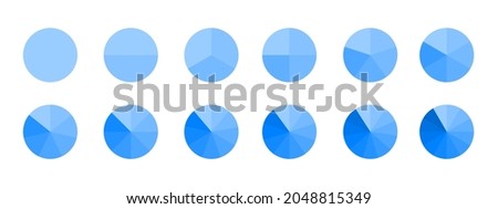 Circles divided in monochrome blue segments from 1 to 12 isolated on white background. Pie chart for statistics infographic examples. Round shapes cut in equal slices. Vector flat illustration. ストックフォト © 