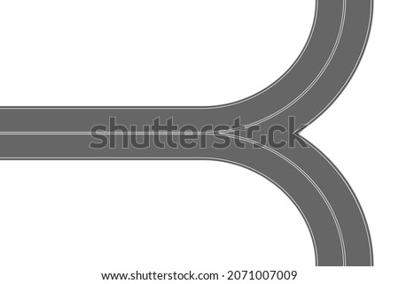 Asphalt road fork top view. Highway part with marking. Roadway element for city map isolated on white background. Vector flat illustration.