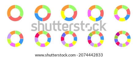Donut charts set. Colorful circle diagrams divided in sections form 3 to 12. Infographic wheels icons. Round shapes cut in equal parts isolated on transparent background. Vector flat illustration. Photo stock © 
