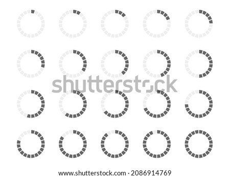 Round loading bar with filled from 1 to 20 segments. Progress, waiting or loading symbols set. Infographic animation elements for website interface. Vector flat illustration.