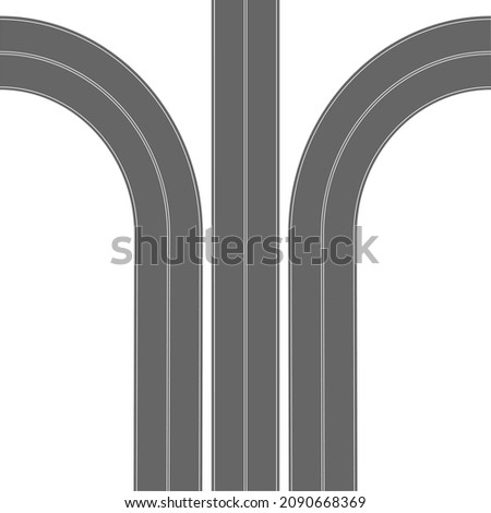 Tree parallel roads overhead view. Straight and turning left ang right highway parts with marking isolated on white background. Roadway element for city map. Vector flat illustration.