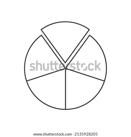 Circle segmented into 5 sectors. Pie or pizza shape cut in five equal slices. Outline round statistics chart example isolated on white background. Vector linear illustration
