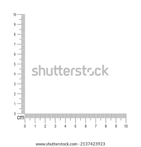 10 cm corner ruler. Measuring tool template with vertical and horizontal lines with centimeters and millimeters markup and numbers. Vector graphic illustration isolated on white background