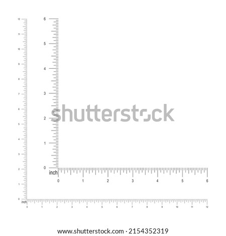 6 and 12 inches or 1 foot corner ruler template. Measuring tool with imperial units vertical and horizontal markup and numbers. Vector outline illustration isolated on white background