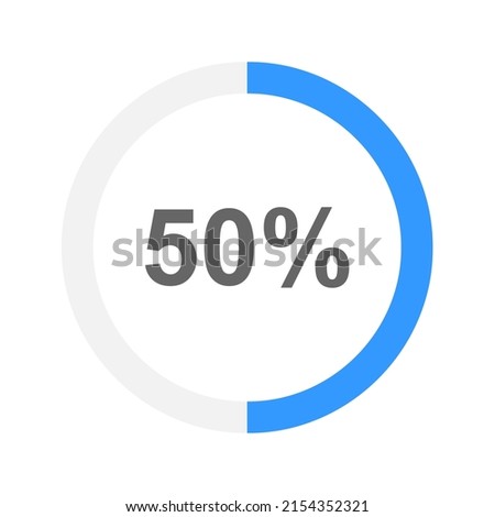 50 percent filled round loading bar or battery charging. Half part of progress, waiting, transfer, buffering or downloading icon. Infographic element for web interface. Vector flat illustration