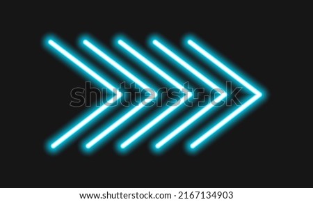 Neon forward arrow isolated on dark background. Lightning direction sign on motel, cinema, casino, night club, bar banner. Vector realistic illustration.