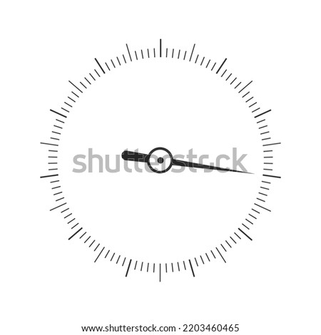 Round 360 degree measuring scale with arrow. Simple template of barometer, compass, protractor, navigator, circular ruler tool interface isolated on white background. Vector outline illustration