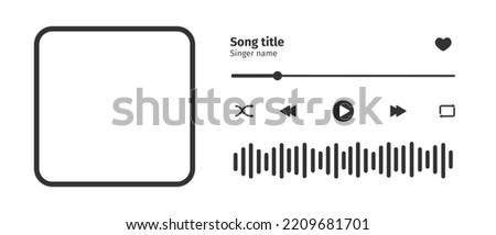 Audio player interface design element with song photo frame, buttons, loading bar and sound wave. Horizontal arrangement. Vector graphic illustration isolated on white background