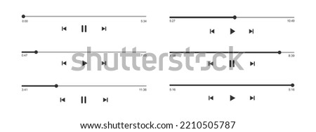 Set of audio or video player progress loading bars with time slider, play and pause, rewind and fast forward buttons. Templates of mediaplayer playback panel interface. Vector graphic illustration