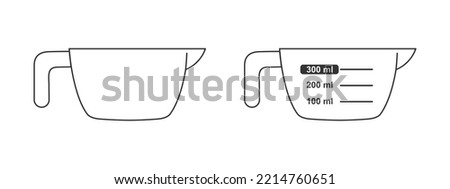 300 ml volume cups blank and with measuring scale. Liquid containers for cooking with fluid capacity chart. Vector outline illustration isolated on white background