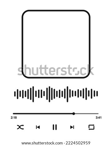 Music player interface with frame for album cover, sound wave, song loading bar with timer, buttoms shuffle, rewind, pause, fast forward, repeat. Audio player template. Vector graphic illustration