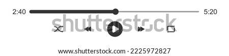Audio or video player progress loading bar with time slider. Play, shuffle, repeat, rewind and fast forward buttons. Template of media player playback panel interface. Vector graphic illustration