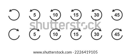 Rewind and fast forward icons with circle arrows and 5, 10, 15, 30 second numbers. Round repeat and next buttons isolated on white background. Player playback elements set. Vector graphic illustration