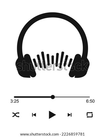 Audio player interface with headphones sign, sound wave, loading bar and buttons play, shuffle, rewinf, fast forward and repeat. Online radio, podcast, broadcast concept. Vector graphic illustration