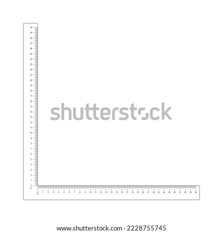 30 cm corner ruler template. Measuring tool with vertical and horizontal scales with centimeters and millimeters markup and numbers. Vector outline illustration isolated on white background