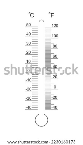 Celsius and Fahrenheit meteorological thermometer degree scale with glass tube silhouette. Template for outdoor temperature measuring tool isolated on white background. Vector outline illustration