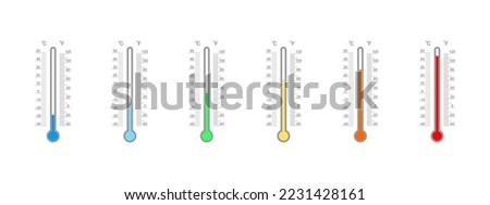 Set of Celsius and Fahrenheit meteorological thermometer scales with different temperature index. Outdoor temperature measuring tools isolated on white background. Vector flat illustration