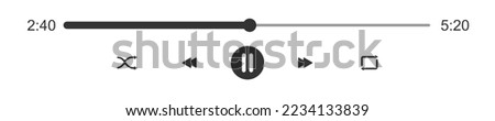 Audio or video player progress loading bar with time slider. Pause, shuffle, repeat, rewind and fast forward buttons. Template of mediaplayer playback panel interface. Vector graphic illustration