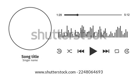 Audio player interface horizontal design with round song photo frame, different buttons, loading progress bar with timer and sound wave. Vector graphic illustration isolated on white background