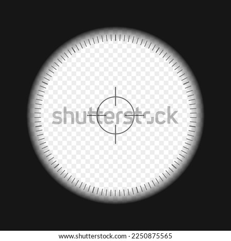 Monocular, telescope, periscope view with scale and transparent background. Spy, sniper, explorer, hunter or tourist optical instrument for magnifying, exploration, investigation. Vector illustration