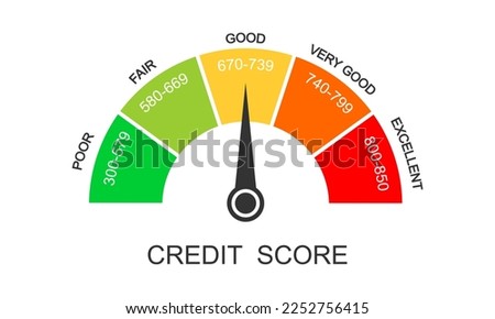 Credit score ranges icon. Loan rating scale with levels from poor to excellent. Fico report dashboard with arrow isolated on white background. Financial capacity assessment. Vector flat illustration.
