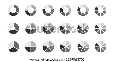 Donut or pie chart templates. Circle divides on 3, 4, 5, 6, 7, 8 parts. Set of wheel diagrams with three, four, five, six, seven, eight sections isolated on white background. Vector flat illustration