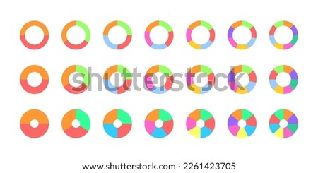 Set of colorful donut or pie chart. Circle division on 2, 3, 4, 5, 6, 7, 8 equal parts. Wheel diagrams with two, three, four, five, six, seven, eight segments. Vector flat illustration